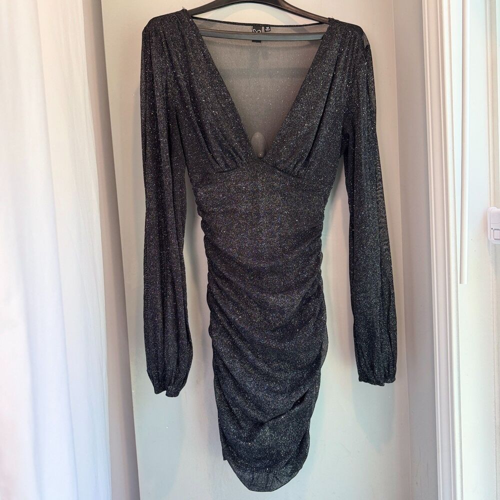 Windsor Women's M Sparkle Black Bodycon Mini Dress Plunge V Neck Sheer Sleeves